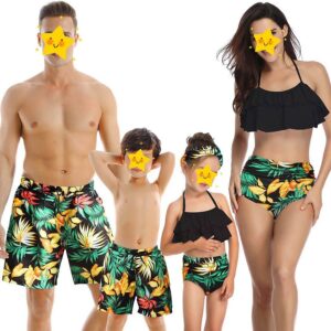 Matching tropical themed family swimsuits